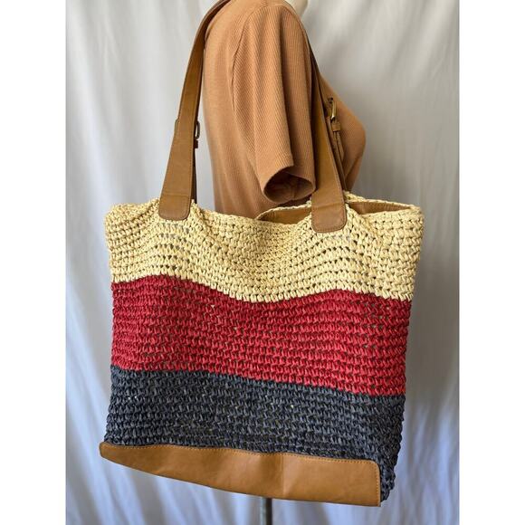 Woven Colorblock Shoulder Bag with Faux Leather Straps - Picture 4 of 7